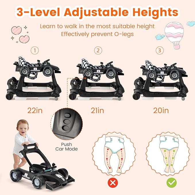 HOMGX Baby Walker with Wheels, Convertible Baby Push Walker & Race Car Mode, Infant Activity Center with Music Box, 3 Heights & 2 Speeds, Foldable Walkers for 6-18 Months (Black)