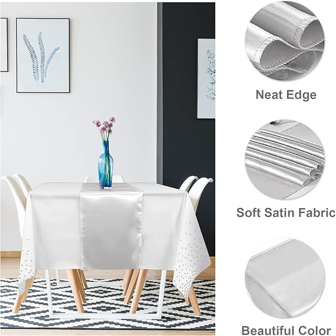 8Pack Disposable Plastic Tablecloths and Satin Table Runner Set White and Silver Dot Tablecloth Silver Satin Table Runner for Wedding Birthday Baby Shower Anniversary Christmas New Year Party Supplies