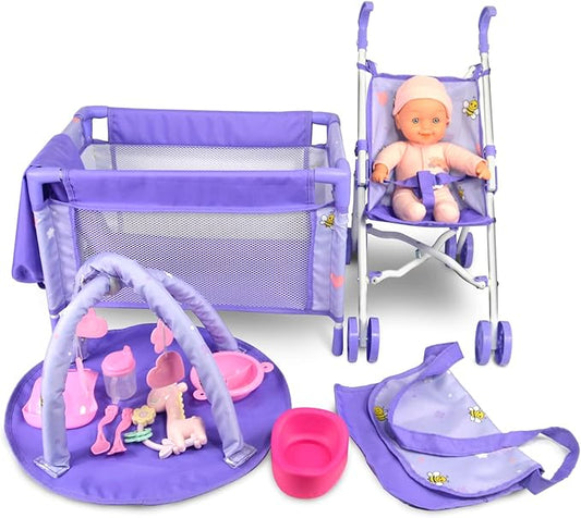 ANIVIA Baby Doll Stroller Set - Accessories Include Crib, Play Mat, Feeding Toy, Diaper Bag - Nursery Role Play Set (11" Doll Included)