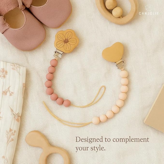 Wood Paci Clips 2 Pack for Baby Girl, Premium Flexible Bead Design, Universal Fit, Safe Pacifier Holder