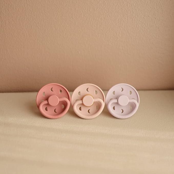 FRIGG Moon Natural Rubber Baby Pacifier | Made in Denmark | BPA-Free (Blush/Powder Blush, 0-6 Months) 2-Pack