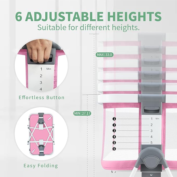 JMMD Baby Bassinet Bedside Sleeper, 3 in1 Baby Bassinet with 6 Levels Height Adjustable Side Sleeper Foldable and Portable Bedside Sleeper for Baby (Pink)
