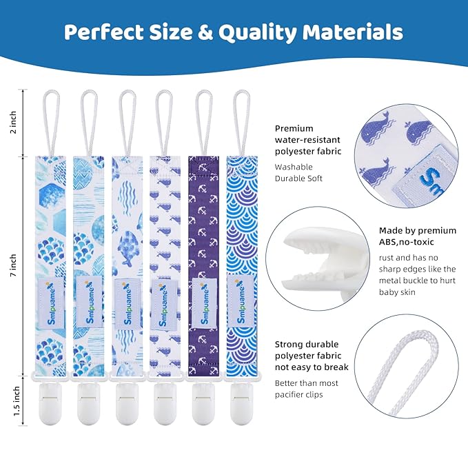 Smlpuame Pacifier Clips for Boys,6 Pack Stylish Binky Clips Strap,Paci Holder with Clip Lightweight Universal Fits Most Pacifiers Teether Toy Teething Ring Soothie,Baby Shower Gifts(Ocean)
