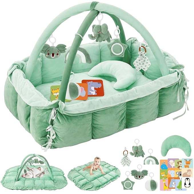 5-in-1 Plush Baby Play Gym, Baby Play Mats, Convertible Baby Gym with Pillow, Tummy time mat, Baby&Ped Bed, 6 Sensory Toys, Activity Center from Newborn to Toddler, Ball Pit, Rectangular Sage Green