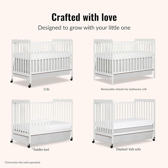 Dream On Me Carson Classic 3-in-1 Convertible Full-Size Baby Crib in White, GreenGuard Gold & JPMA, 4 Mattress Heights, Converts to Day & Toddler Bed, Locking Wheels, Classic Nursery Design