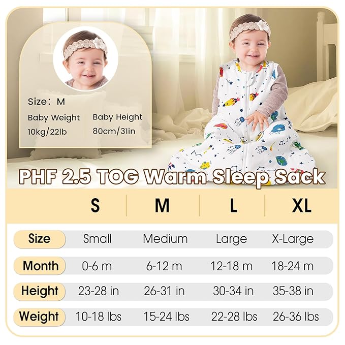PHF 100% Cotton Baby Sleep Sack 12-18 Months, 2.5 TOG Winter Baby Wearable Blanket with 2-Way Zipper, Warm Comfy Quilted Sleeping Bags, Infant Sleeping Sack for Newborn Boys, Large Size, Space