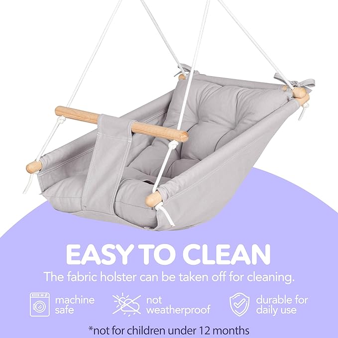 CaTeam Canvas Toddler Swing – Indoor/Outdoor Hanging Chair for Patio & Playroom with Safety Belt – Wooden Baby Seat for Ages 12+ Months – Taupe Gray
