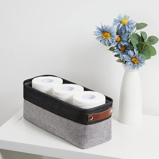 DULLEMELO Small Bathroom Baskets for Toilet Fabric Storage Baskets 2 Pack - 15"x6"x5.5" Foldable Fabric Organizer for Storage Decorative Storage Bins for Home,Closet(Black&Grey)