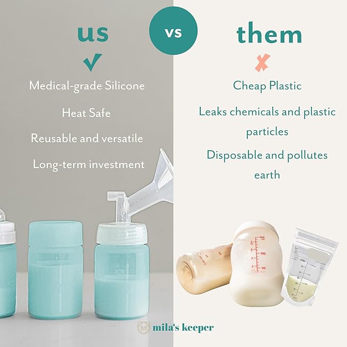 Mila's Keeper Premium Silicone Breast Milk Storage Bottles, for Pumping, Storing and Feeding, Fits Leading Pumps and Nipples, 6 oz Silicone Milk Storage Containers, Wide Neck Ocean Mist, Set of 3