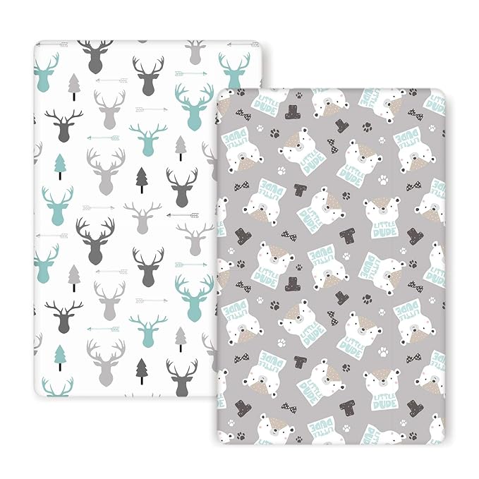 GRSSDER Stretchy Ultra Soft Jersey Knit Fitted Pack n Play Sheets 2 Pack, Playard Sheets for Baby Girls and Boys, Universal Fit for Pack N Plays Safe and Snug, Cute Bear and Deer