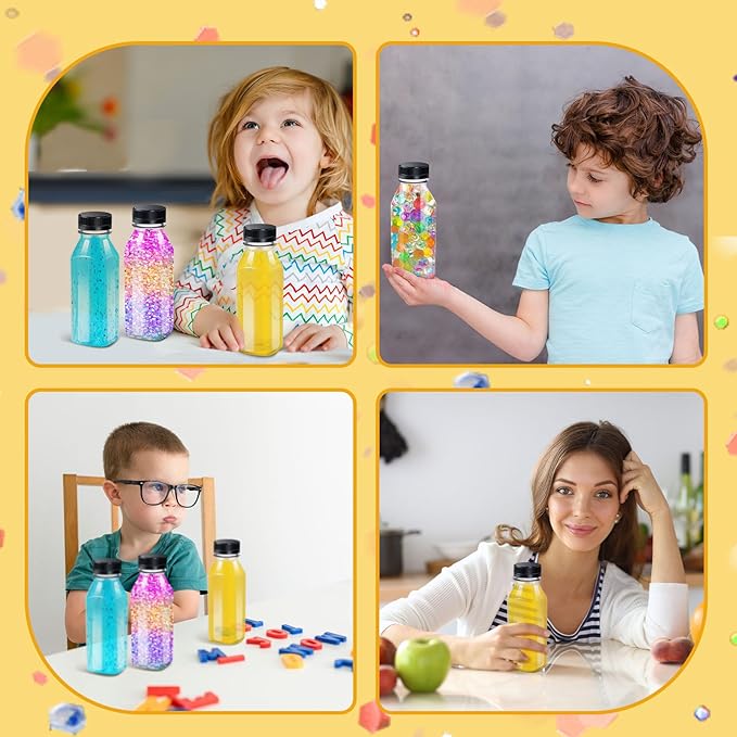 Honeydak 24 Pcs Empty Sensory Bottles Bulk with Black Lids 10 oz / 300 ml Clear Plastic Reusable Leakproof Juice Bottles Drink Container for Sensory Crafts Handmade Beverages Storage (Square)
