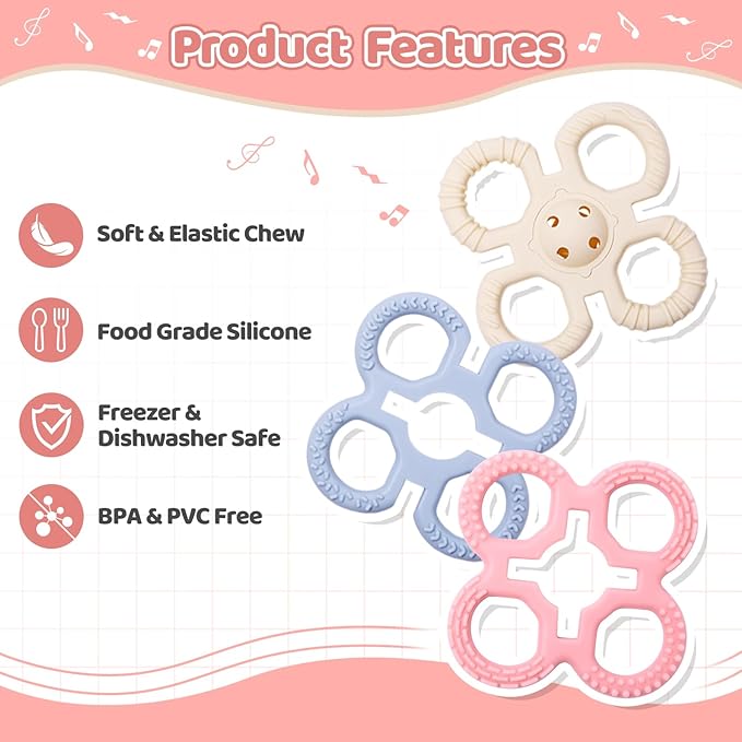 Baby Teething Toys 3 in 1 Silicone Teethers - BPA Free Food Grade Silicone Teething Ring Rattle Toys for Babies 3-6 Months 6-12 Months, Soft & Easy Hold, Baby Chew Toy for Toddlers (Pink)