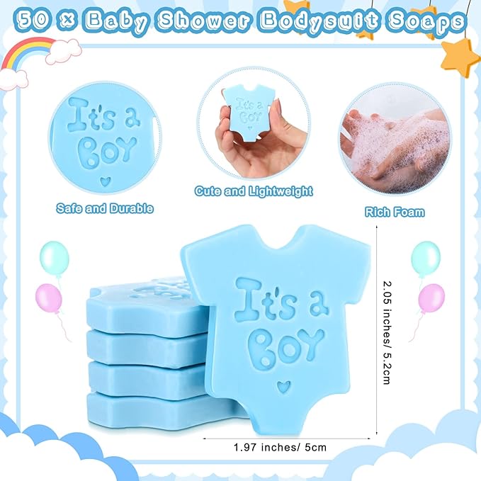 50 Sets Baby Shower Soap Favors for Guests Boy Girl Mini Handmade Scented Soaps with Thank You Tags and Organza Bags for Shower Gender Reveal Party Favors(It's A Boy,Blue Baby Shirt)