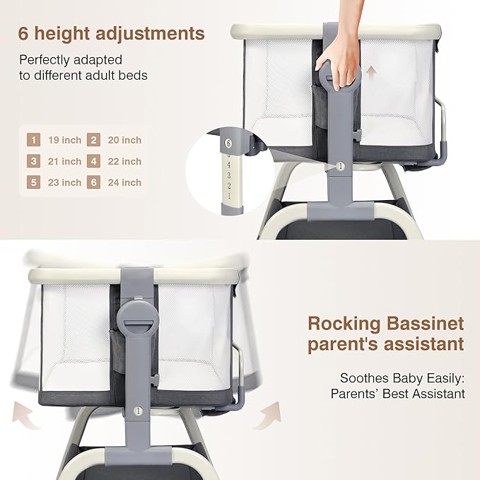 Bedside Cribs 3 in 1 Baby Bassinet Bedside Sleeper with Adjustable Height Easy Folding Portable Crib Comfy Mattress and Wheels - Gray