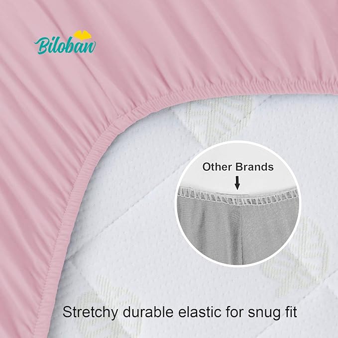 Biloban Crib Sheets Fitted, 2 Pack Crib Sheet Fits for Standard Crib Mattress, Neutral Toddler Bed Sheets Girl, White & Pink, 52”X 28”