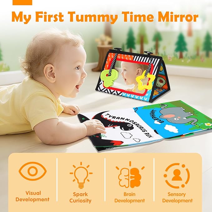 Baby Toys 0-6 Months - Tummy Time Toy Black and White High Contrast Newborn Toys - Baby Mirror with Cloth Book Teether - Montessori Sensory Crinkle Toy for Infant 0-3-6-12 Month Boy Girl Shower Gifts