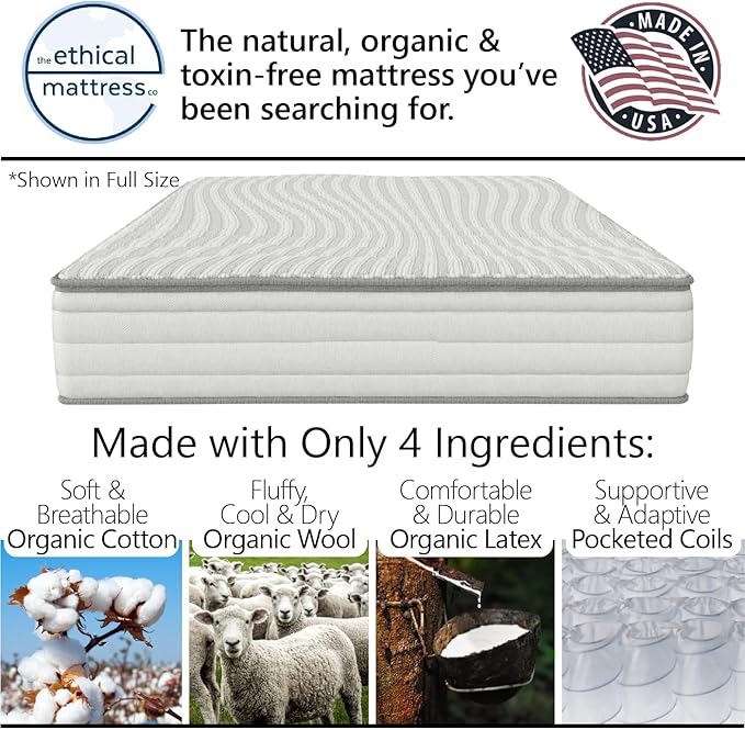 Ethical Mattress CO 10" Toxin-Free Hybrid Mattress, Made in The USA with Organic Cotton, Wool, Latex & Pocketed Coils (No Fiberglass or Polyfoams) Comfortable & Supportive Bed-in-Box - Twin Size