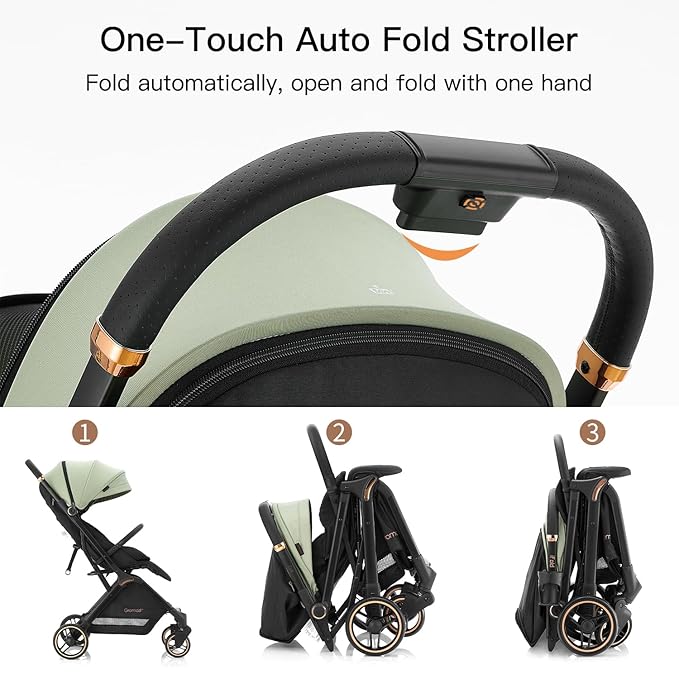 Gravity Folding Baby Stroller - Portable Travel Toddler Stroller w/Adjustable Backrest & Canopy, Lightweight and UV Protected, One-Hand Automatic Folding - Green