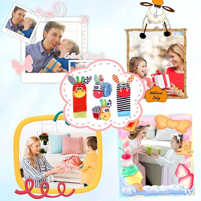 Wrist Rattle Foot Finder Socks Set for Baby Arm Hand Rattle Feet Leg Ankle Socks Newborn Soft Sensory Toys Baby Socks Newborn Rattles Toys Easter Gifts 0-3 6-12 Months Infant Girl Boy