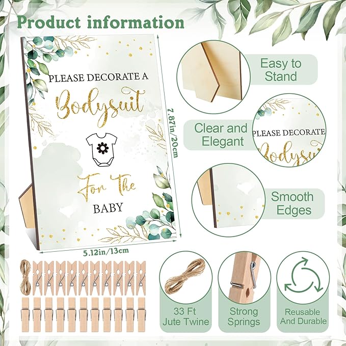 Panitay 126 Pcs Baby Shower DIY Bodysuit Set Rustic Kraft Baby Shower Game Sign DIY Bib 25 Blank White Newborn Bodysuit 25 Stencils 24 Marker 1 Sign 50 Pins for Gender Reveal(Greenery)