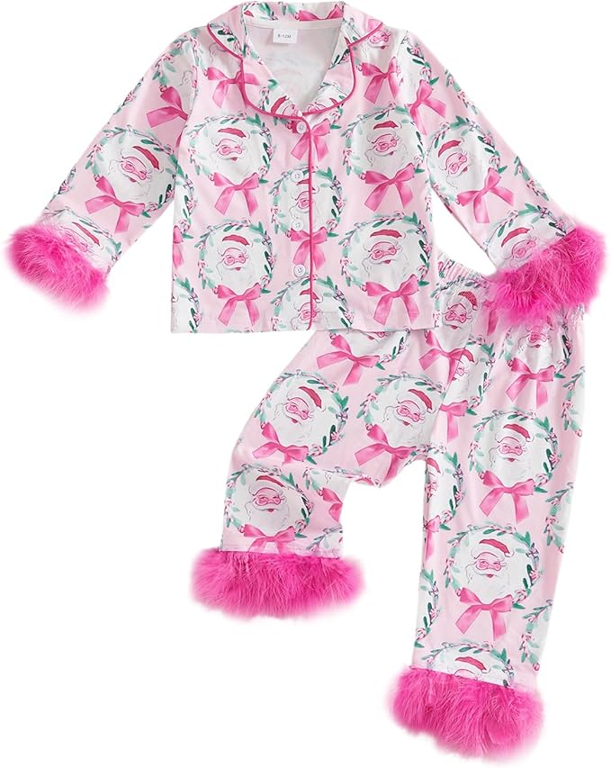 Toddler Kids Baby Girl Solid Pjs Ruffle Long Sleeve Button Shirt Top and Pants Cotton 2Piece Pajamas Set