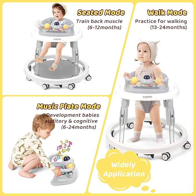Baby Walker with Wheels,Music and Lights Baby Walker for Boys Girls 6-12 Months,Foldable Baby Walkers and Activity Center,Toddler Infant Walker with 7-Speed Height Adjustment,Detachable Plate,Gray