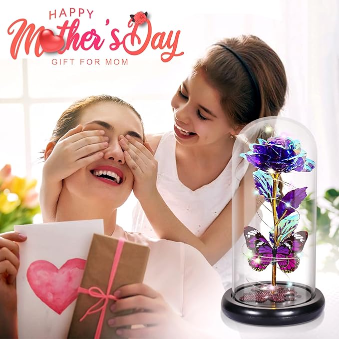 DEEMEI Birthday Gifts for Women Purple Rose Eternal Flower Light Up Rose in Glass Dome with Butterfly Gifts for Women Thanksgiving Anniversary Grandma Girlfriend Wife Gift for Her