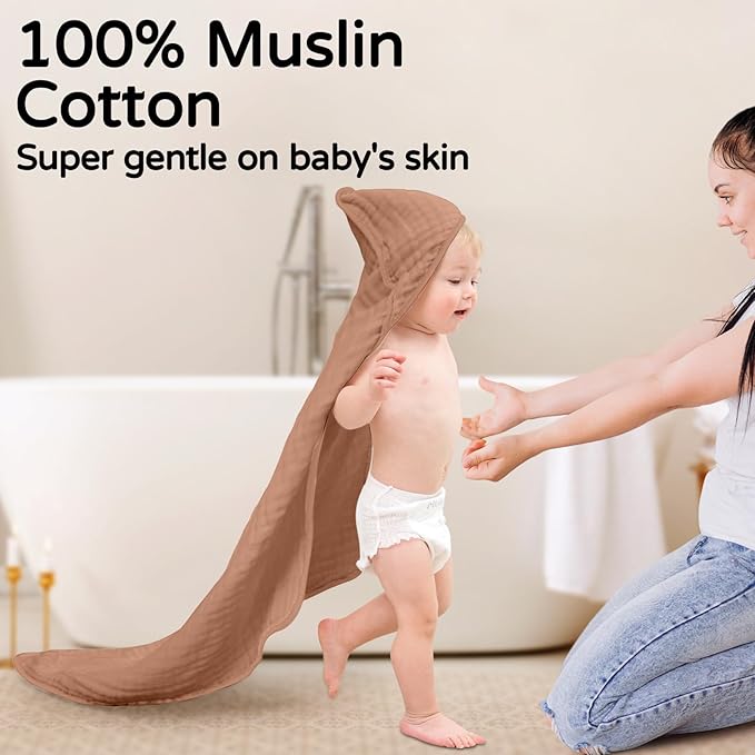 Yoofoss Hooded Baby Towels for Newborn 2 Pack 100% Muslin Organic Cotton Baby Bath Towel with Hood for Babies, Infant, Toddler and Kids, 32x32Inch, Soft and Absorbent Newborn Essential, Brown Giraffe