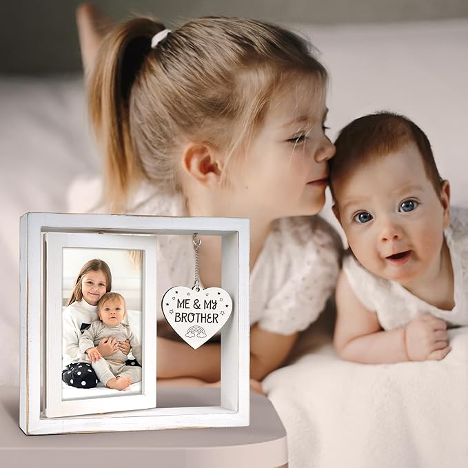 Me and My Brother Picture Frame,Baby Gifts for Boys,Heartfelt Big Brother Sister & Little Brother Keepsake Gift,Baby Room Decor Vintage Style Rotating Photo Frame 4x6