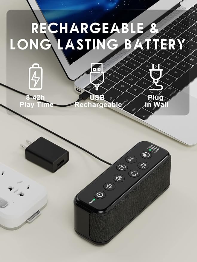 Portable White Noise Machine for Adults & Kids, 42 Soothing Sounds, Rechargeable Travel Sound Machine with Rain & Ocean Sounds, Auto-Off Timer & 8-Level Volume Control β Ideal for Sleep & Focus