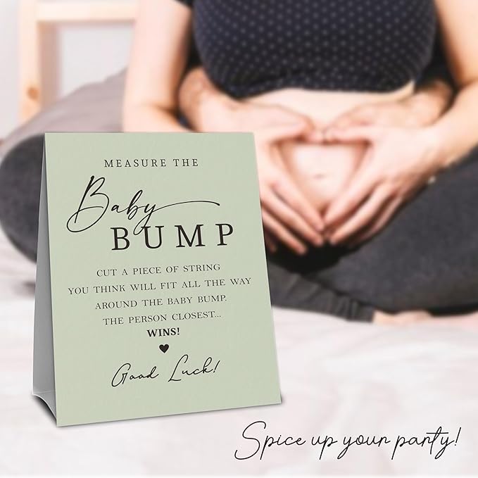 Light Green Baby Shower Measure The Baby Bump, Measure Mommy's Belly Game Set - 1 Self-Standing Sign And 50 Tickets - Gender Reveal, Baby Shower, Baby Announcement Activity & Party Favor Supplies -A13