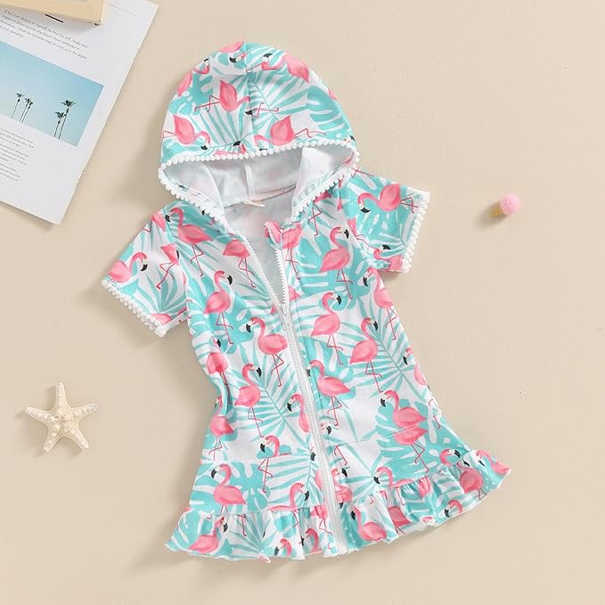Girls Hooded Zip Terry Coverups Swimsuit Kids Baby Girl Floral Print Short Sleeve Swim Cover-Up Swimwear