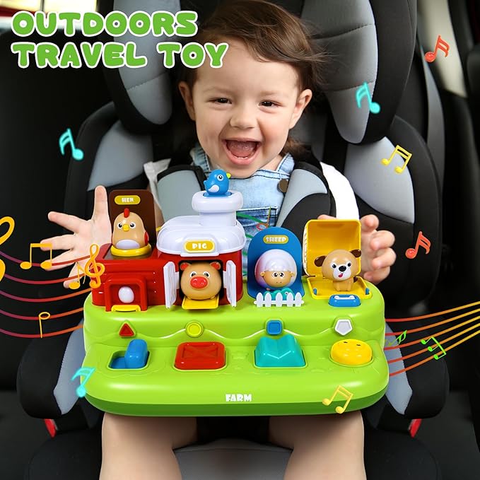 Interactive Pop Farm Animal Up Toys with Music Sounds Montessori Cause and Effect for 1-3 Baby Boy Girl Early Educational Musical Baby Infant STEM Gift 9-12-18 Months Babies Birthday