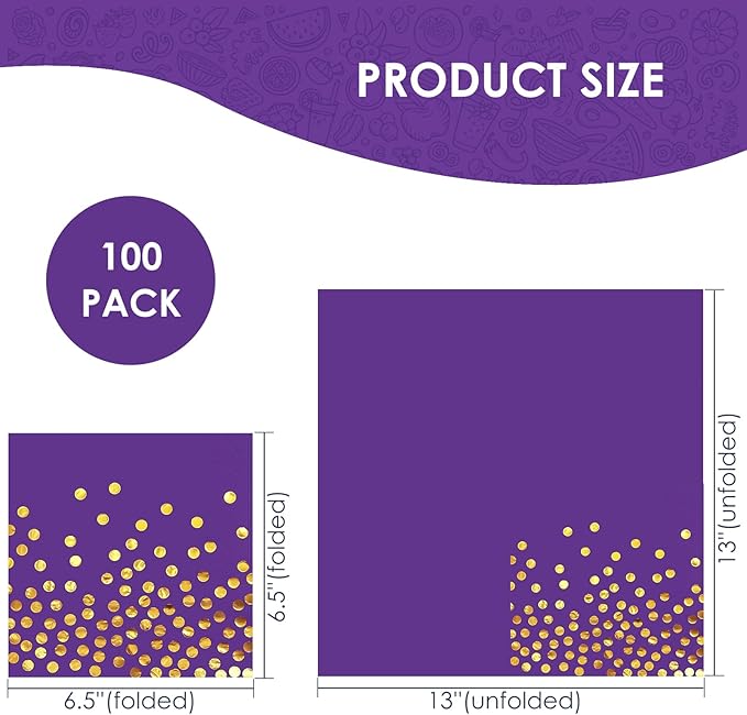 13 x 13 In Purple Cocktail Napkins,Purple and Gold Beverage Napkins,100 PCS Disposable Paper Napkins for Bar,Weddings,Birthday Party Supplies