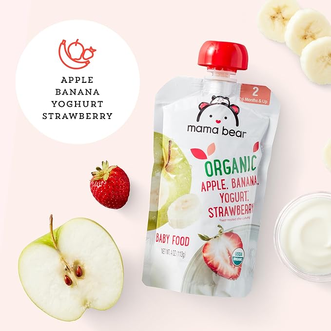 Amazon Brand - Mama Bear Organic Baby Food, Stage 2, Apple, Banana, Yogurt, Strawberry, 4 ounce (Pack of 12)