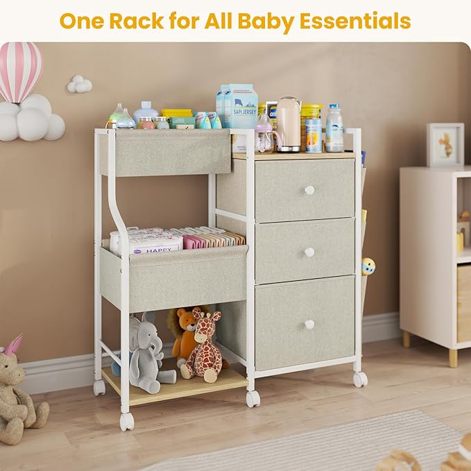Baby Diaper Caddy, 3 Tier Baby Organizer and Storage Cart with Dividers and Drawers, Mobile Utility Rolling Cart, Newborn Baby Essentials Storage Cart with Wheels for Nursery, Bedroom, Beige