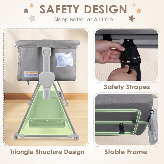 BIERUM Baby Bassinet for Baby - 7 Height Adjustable Bedside Bassinet with Lockable Wheels, Easy to Assemble Portable Bedside Crib with Large Storage Bag & Mattress for Newborn/Infant