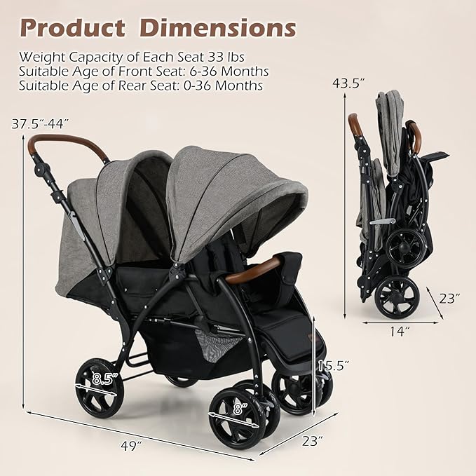 INFANS Double Stroller, Foldable Baby Tandem Stroller with Djustable Backrest Canopy Footrest, 5-Point Harness, Storage Basket, Convertible Compact Twin Stroller for Infants and Toddlers (Light Grey)