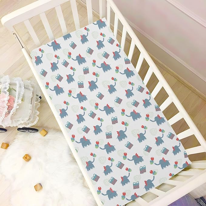 Baby Crib Sheets Elephants Gift and Balloons Crib Sheets for Boys Girls,Neutral Bassinet Toddler Bed Play Sheets Breathable Soft and Portable 52 * 28 * 9in
