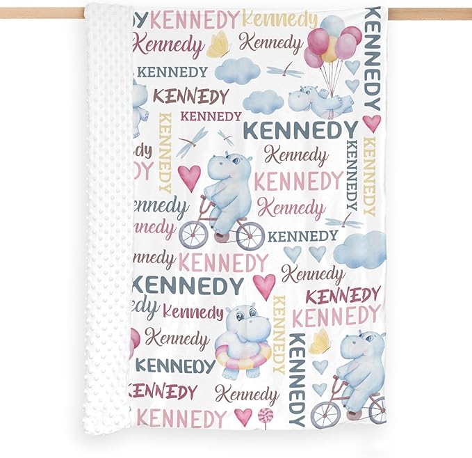 Personalized Baby Blanket for Girls Hippopotamus Custom Baby Blankets with Name Dotted Backing Customized Gifts for New Mom Customize Baby Blanket for Kids Newborn Birthday Pink