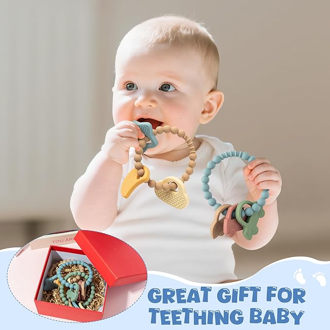 Silicone Babies Teether Toys - 3Pcs Teething Ring with Rattles, Animal Car Themed Infant Toddle Sensory Chew Toys for Newborn Boys and Girls to Soothe Sore Gums Teething Relief, Baby Shower