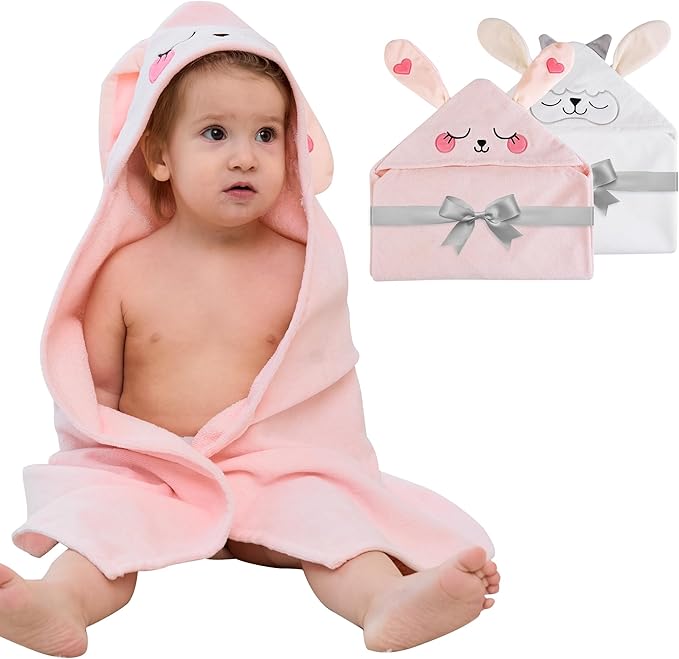 Mooreeke 2 Pack Toddler Towels - 100% Cotton Toddler Hooded Towels - Soft Baby Bath Towel with Hood for Newborn - Comfort Towel for Baby Girls and Boys - Animal Shaped (Lamb & Bunny)