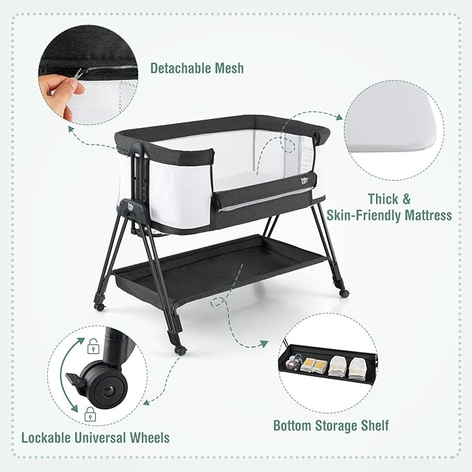 BABY JOY Bassinet Bedside Sleeper, Easy Folding Crib w/All-Side Mesh, Storage Shelf, 7 Adjustable Heights, Mattress & Travel Bag for Safe Co-Sleeping, Portable Bed for Newborn Infant -Black