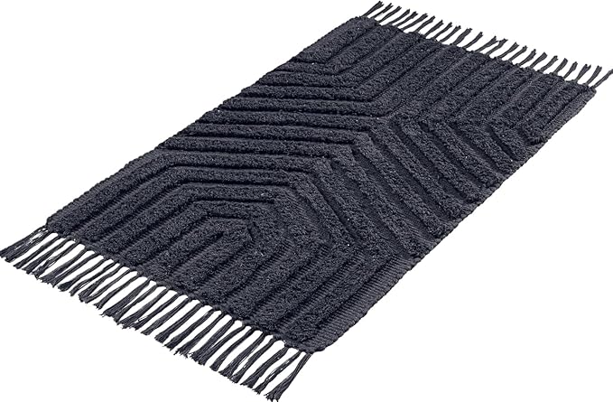 Boho Bathroom Rug 4' x 6', Washable Hand-Woven Tufted Cotton with Tassels, Farmhouse Kitchen Mat for Foyer, Bedroom, Back Door Décor - Dark Grey