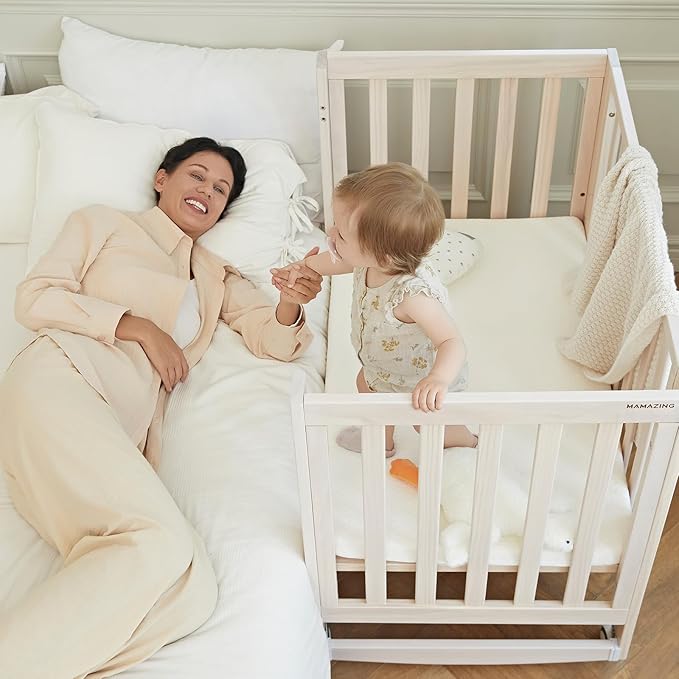 EvoNest Baby Crib, 6 in 1 Convertible Mini Crib with Wheels, 100% New Zealand Wood Growing Bed, 4 Adjustable Mattress Height, Washed Natural