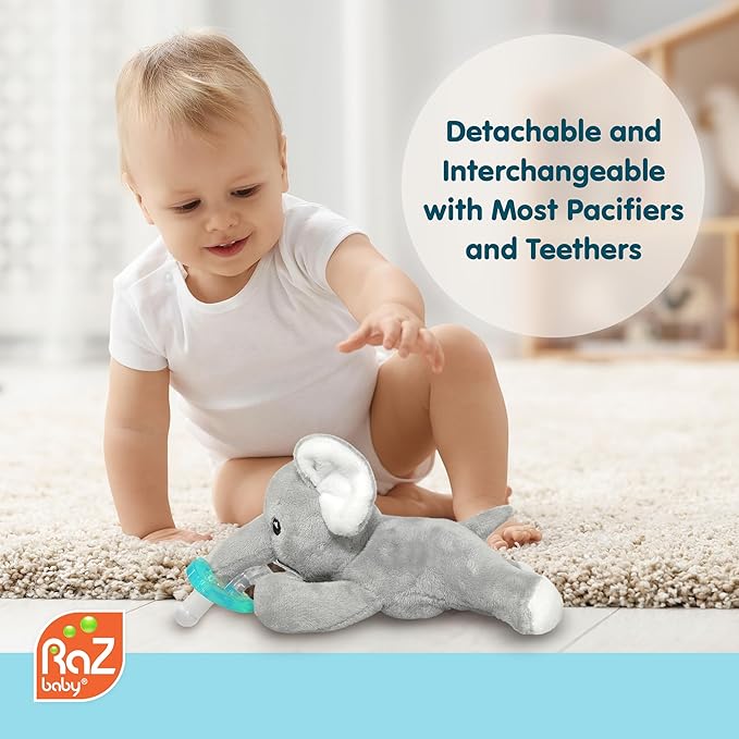 RaZbaby JollyPop Pacifier, Holder w/Detachable Baby Pacifier, Stuffed Animal RaZbuddy, All Ages 0M+, Machine Washable, Textured & Easy to Hold – Elephant