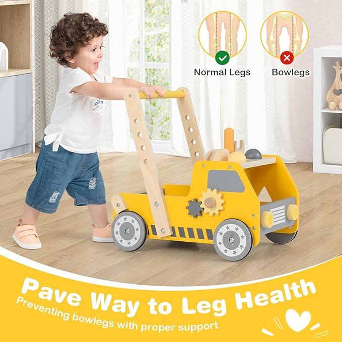 HONEY JOY Baby Push Walker, Adjustable Speed Baby Walker, Wooden Toy Tool Bench & Car Walker w/Shape Sorter, Develop Motor Skills & Creativity, Push Toys for Babies Learning to Walk, Gift, Yellow