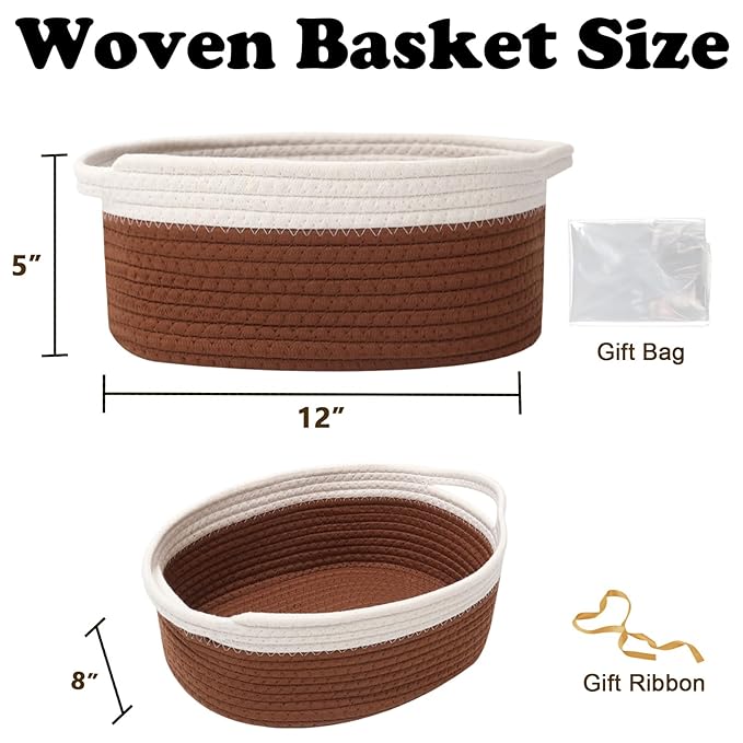 Gift Basket with Gift Bag and Ribbons,Small Rope Woven Shelf Storage,Baskets for Gifts Empty,Birthday,Shower,Decorative Organizer Box for Cat Dog Pet with Handles(White&Brown)