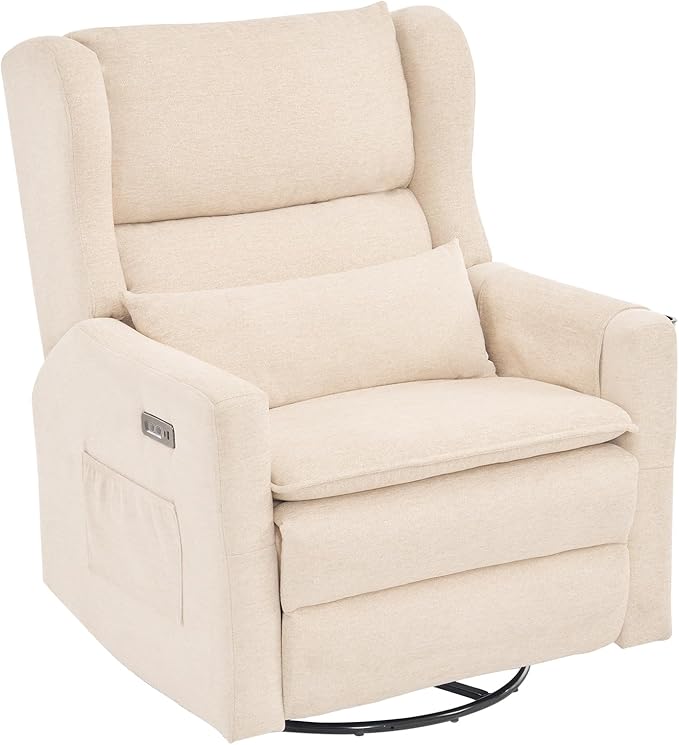 Oversized Swivel Rocker Recliner with Adjustable Headrest, 26" Extra Wide Glider Recliner Nursery Chair with Double Cushion, Chenille Glider Rocking Chair for Living Room,Cup Holder,Beige