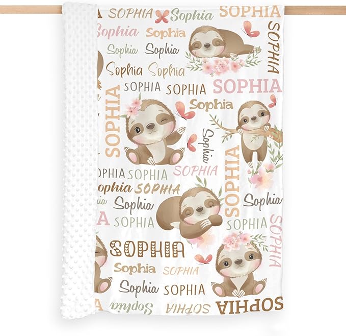 Personalized Baby Blanket for Girls Sloth Custom Baby Blankets with Name Dotted Backing Customized Gifts for New Mom Customize Baby Blanket for Kids Newborn Birthday